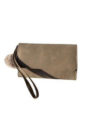 Womens Wristlet S Wallet Wrist Strap Clutch Pom-Pom Gray Faux Leather Minimalist